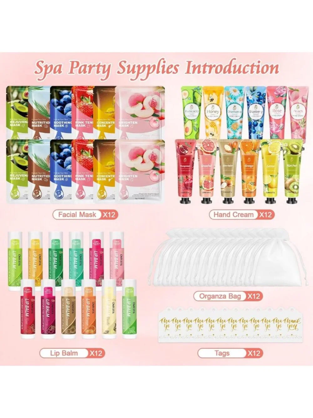 12 Sets Spa Gift Bundle for Women - Face Masks, Hand Cream, Lip Balm & Thank You